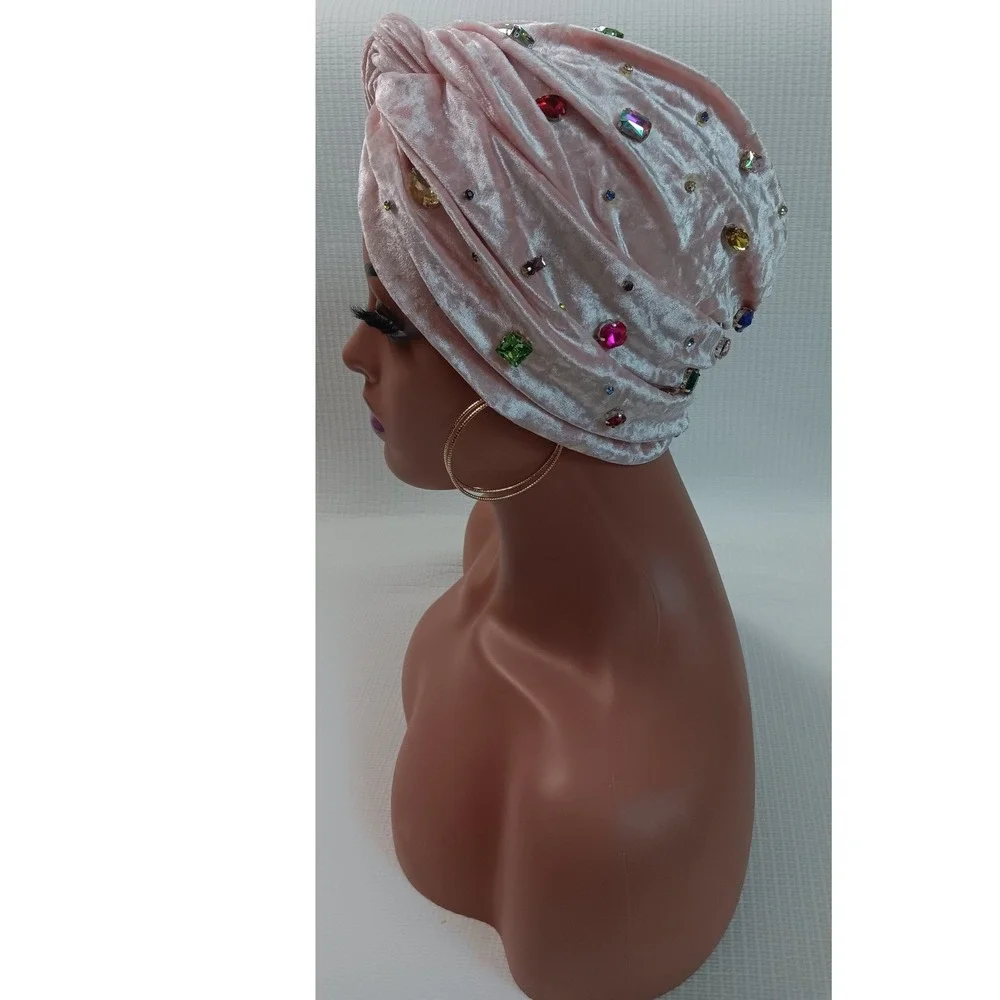Pink‎ Velvet Rhinestone Turban Head Covering Stretch Velvet Jeweled Hijab Cap